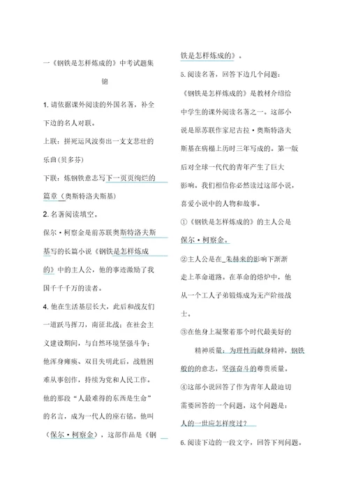 钢铁是怎样炼成的中考题目及答案