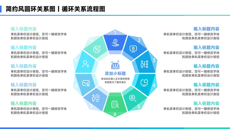 蓝色简约风10项圆环关系图PPT