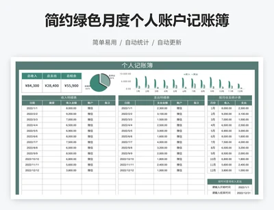 简约绿色月度个人账户记账簿