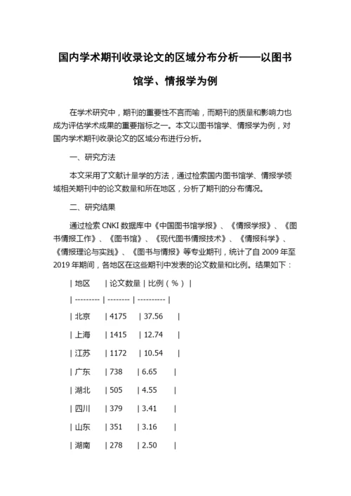 国内学术期刊收录论文的区域分布分析——以图书馆学、情报学为例.docx