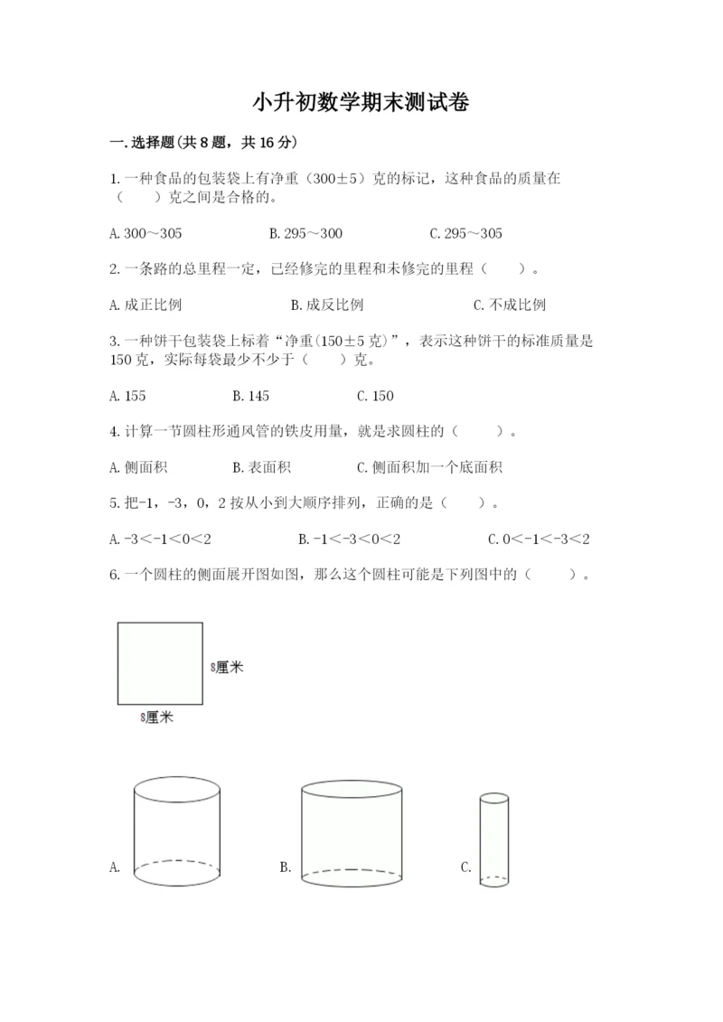 小升初数学期末测试卷带答案ab卷.docx