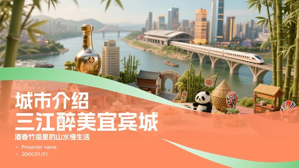 红绿色简约三维宜宾特色城市旅游攻略PPT模板