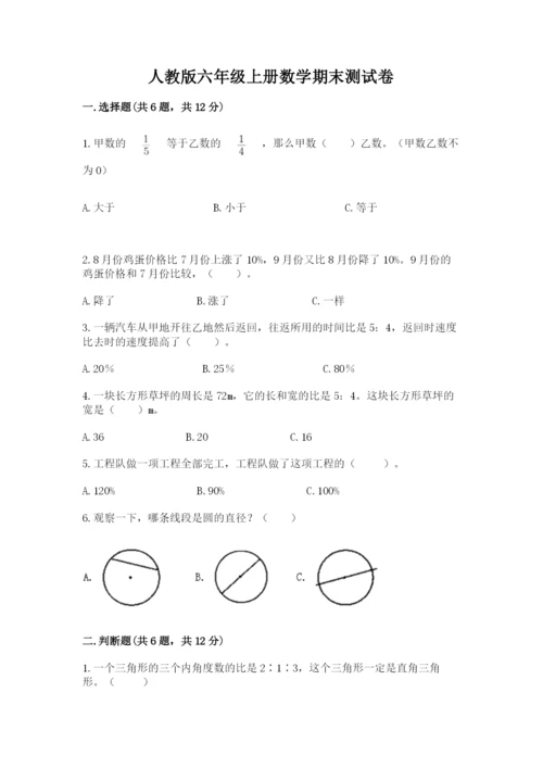 人教版六年级上册数学期末测试卷（精选题）word版.docx