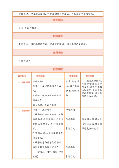 【议题式教学】【新教材】6.1 友谊的真谛  表格式教案