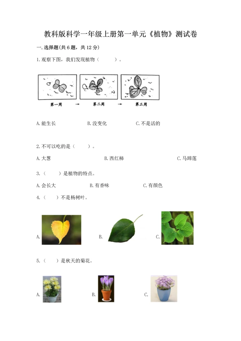 教科版科学一年级上册第一单元《植物》测试卷及答案（夺冠）.docx