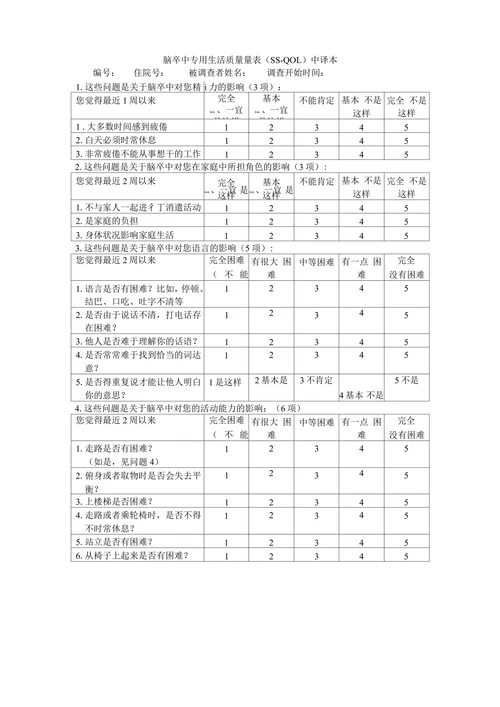 脑卒中专用生活质量量表（SS-QOL）中译本