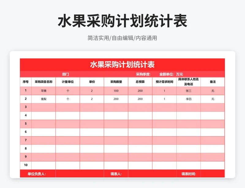 简约风水果采购计划统计表