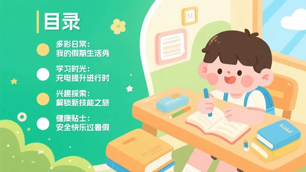 绿色可爱扁平卡通风小学生暑假生活PPT模板