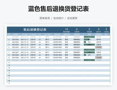 蓝色售后退换货登记表