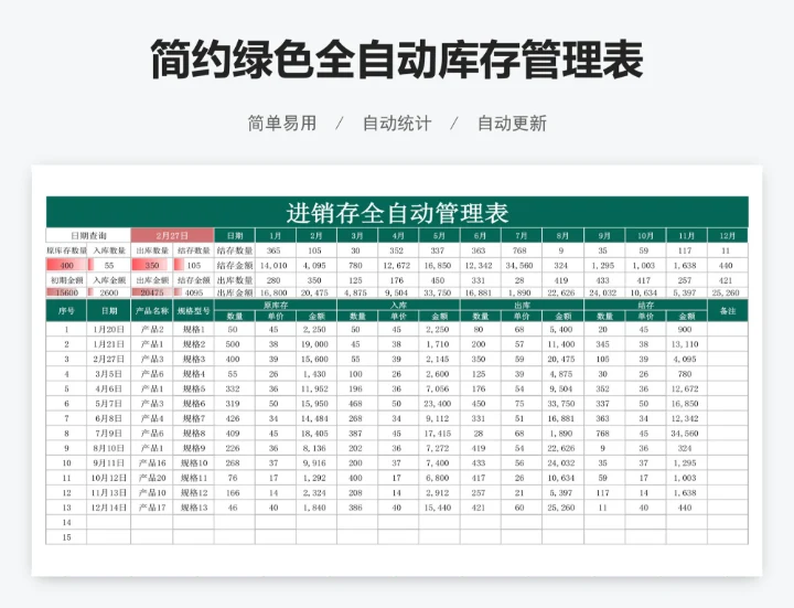 简约绿色全自动库存管理表
