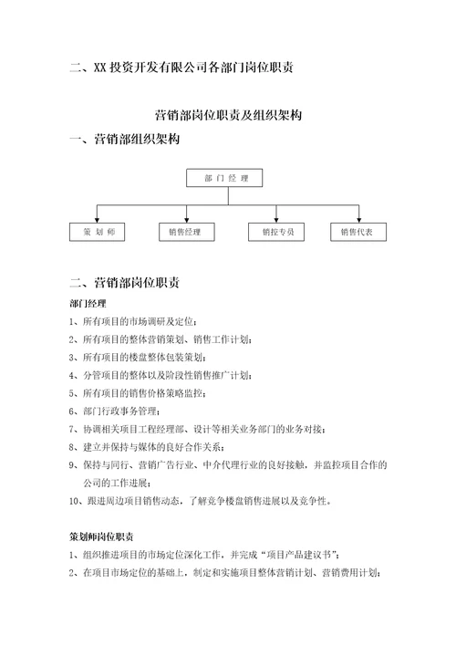 XX投资开发有限公司组织架构及岗位职责28页