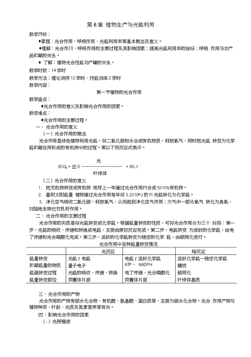 植物生产与环境教案——第六章植物生产与光能利用(中职教育)