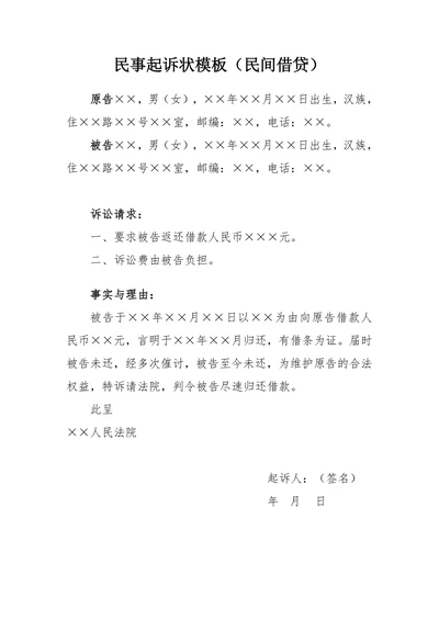 民间借贷民事起诉状模板