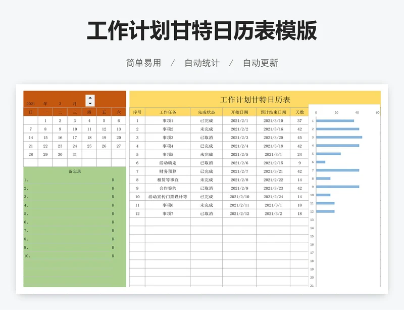 工作计划甘特日历表模版