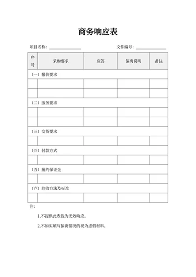 商务响应表