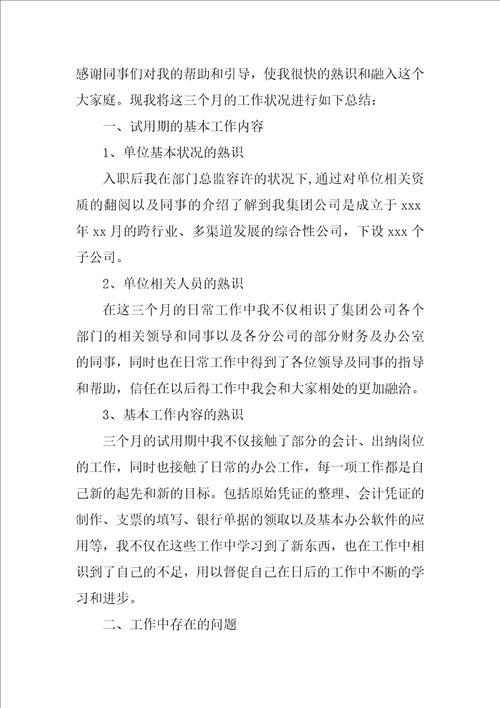 2022出纳试用期述职报告