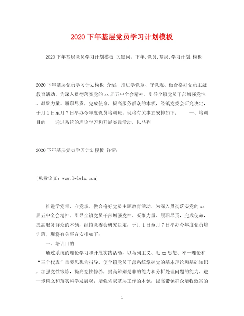 精编之下年基层党员学习计划模板.docx