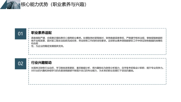 蓝色商务会计专业大学生求职个人能力综合展示职业生涯规划通用PPT模版