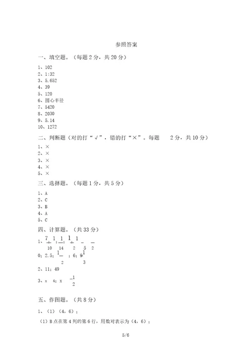 2021年六年级数学上册期末测试卷附答案