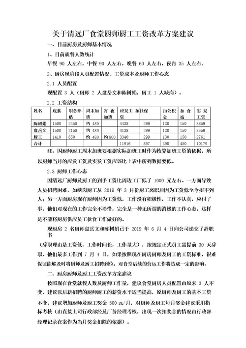 关于食堂厨师厨工工资改革方案建议