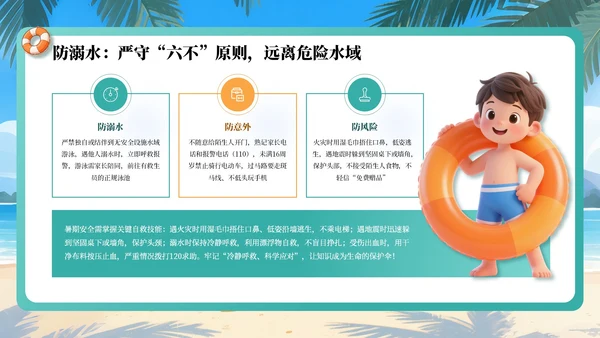 绿色插画风暑期安全教育课件