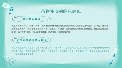 绿色卡通药物外渗的预防与处理PPT模板宣传PPT动态PPT输液外渗的处理方法