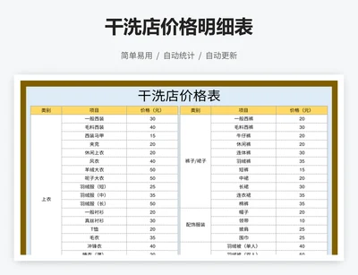 干洗店价格明细表