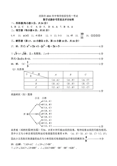 2011辽宁沈阳中考数学答案