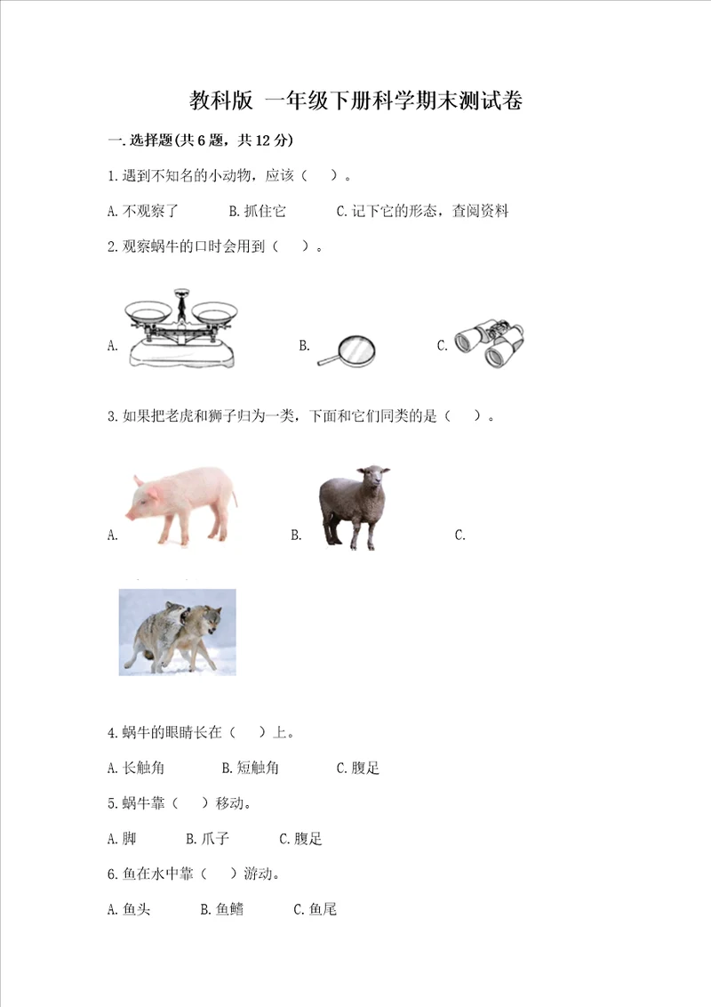 教科版 一年级下册科学期末测试卷精品含答案