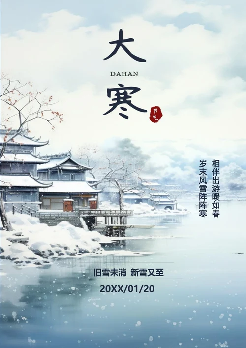 唯美湖边背景大寒节气海报