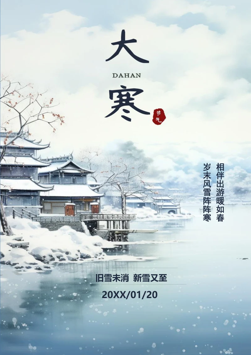 唯美湖边背景大寒节气海报