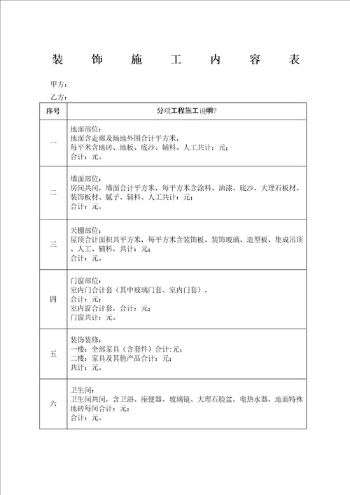 装饰施工内容表修订版