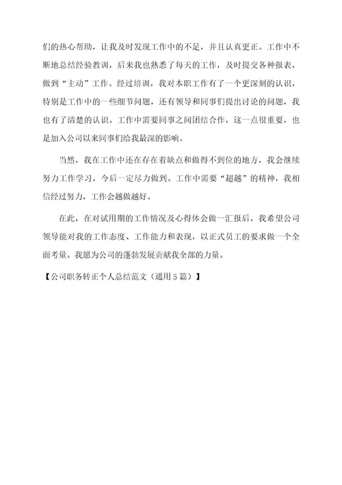 公司职务转正个人总结范文（通用5篇）