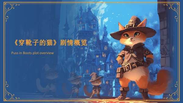蓝色插画风《穿靴子的猫》童话故事PPT模板