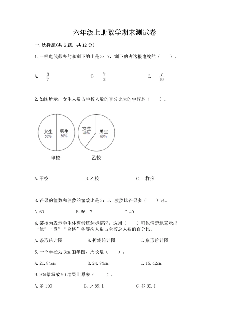 六年级上册数学期末测试卷附完整答案【各地真题】.docx