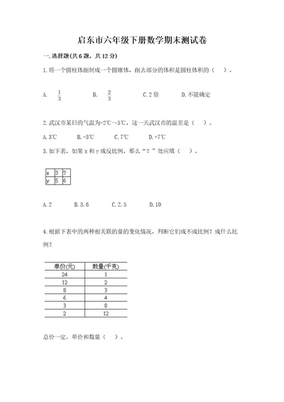 启东市六年级下册数学期末测试卷及完整答案一套