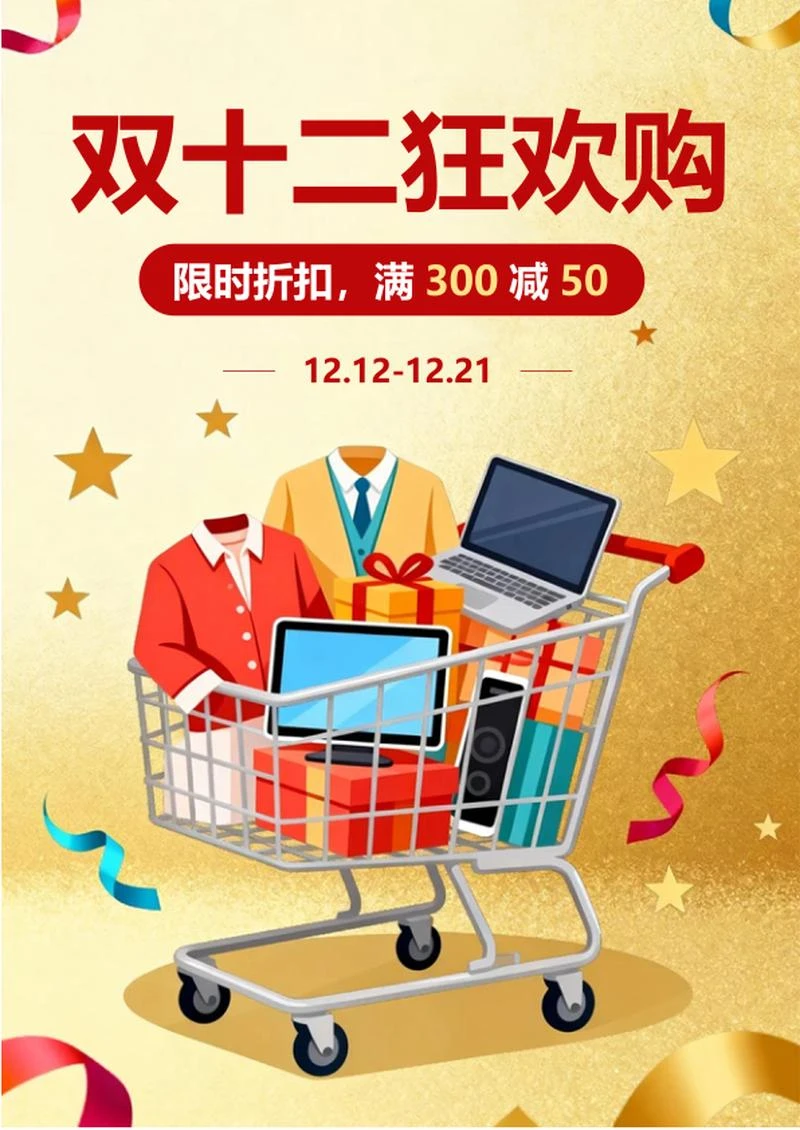 金色鎏金插画风电商双十二海报