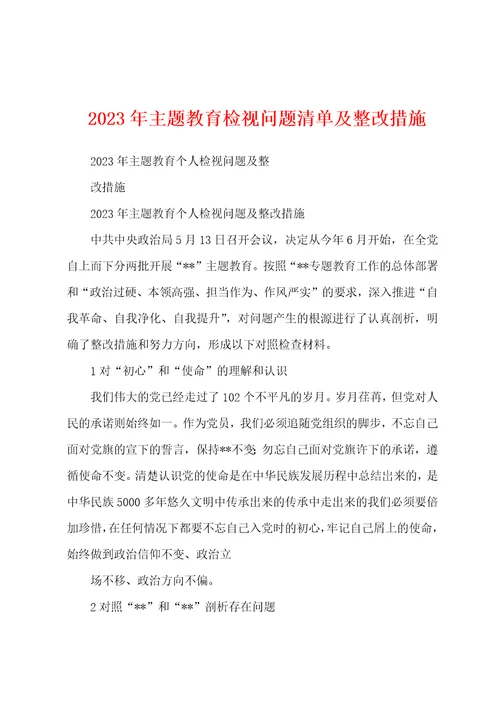 2023年主题教育检视问题清单及整改措施