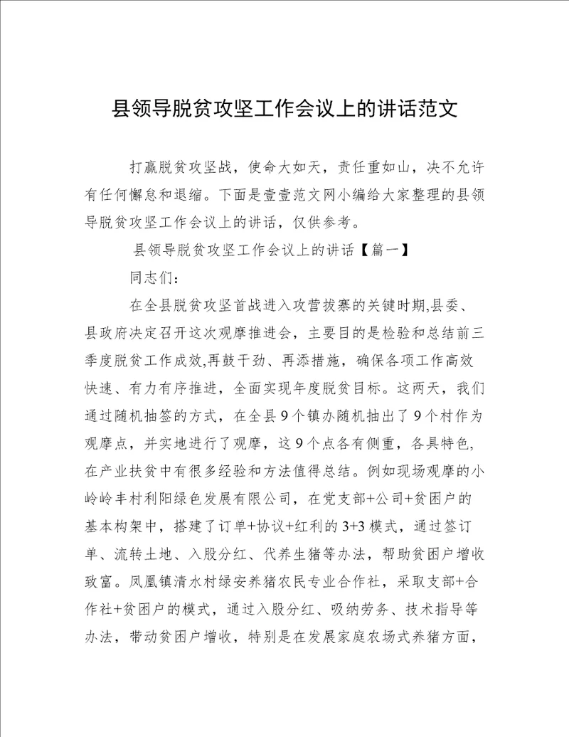 县领导脱贫攻坚工作会议上的讲话范文