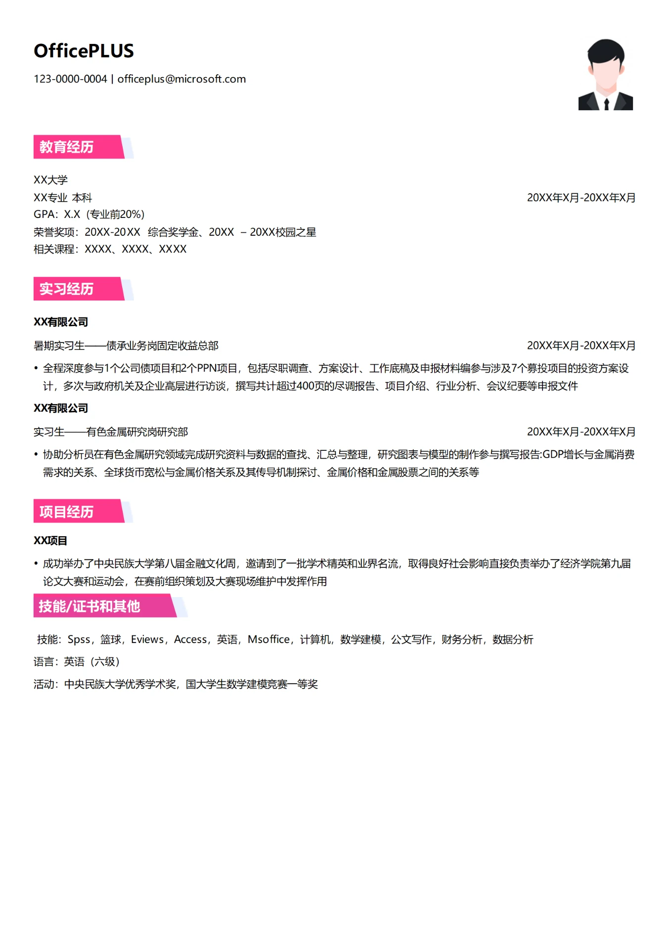 招商证券实习生债销业务岗简历模板