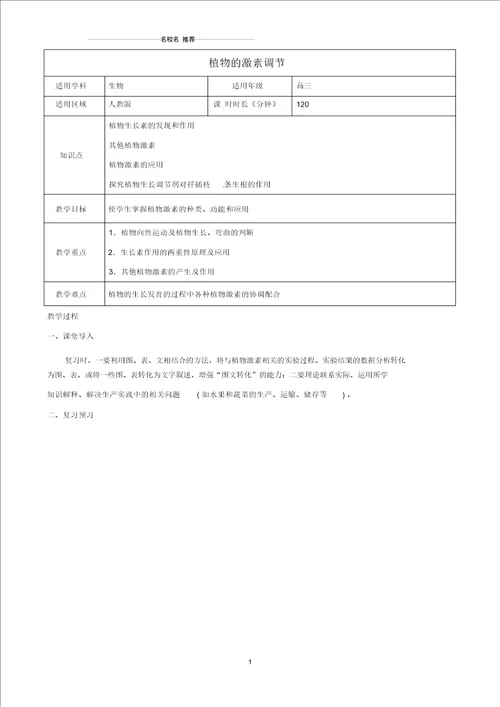 高三生物总复习植物的激素调节名师精选教案