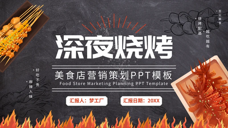 烤串深夜食堂烧烤美食通用PPT模板
