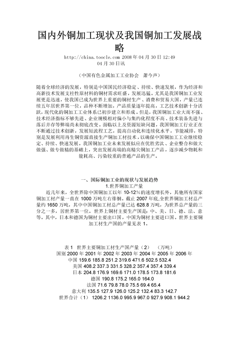 国内外铜加工现状及我国铜加工发展战略.docx