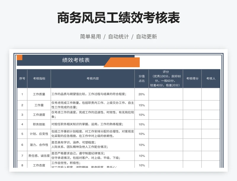 商务风员工绩效考核表