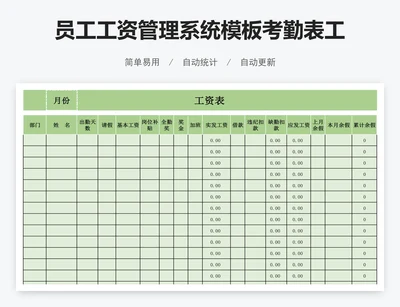 员工工资管理系统模板考勤表工资表模版