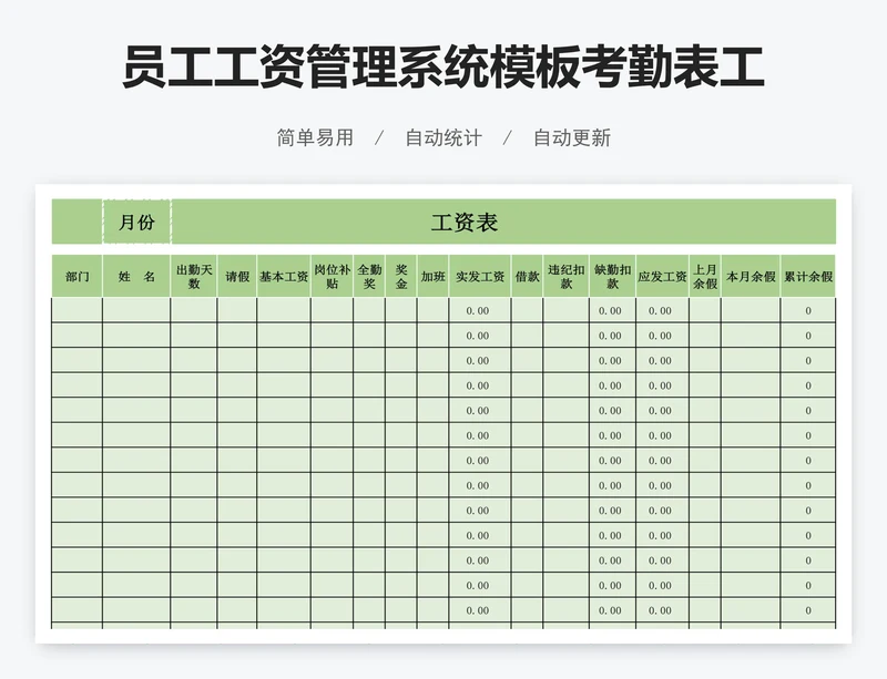 员工工资管理系统模板考勤表工资表模版