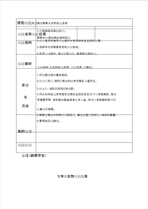 七年级下册生物实验报告 2104