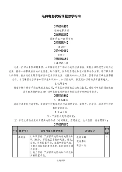 经典电影赏析课程教学标准