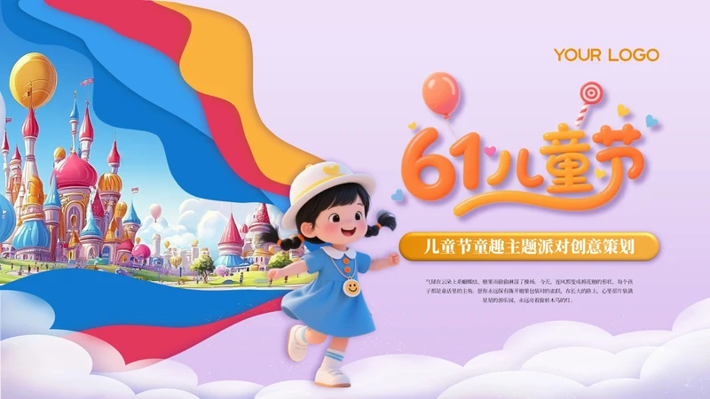 撞色3D卡通六一儿童节童趣主题派对创意策划PPT模板