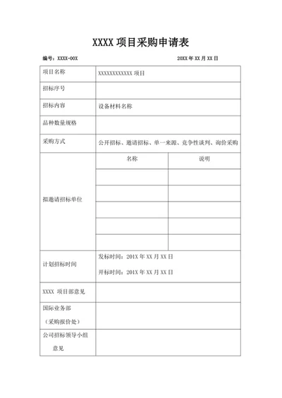 XXXX项目采购申请表